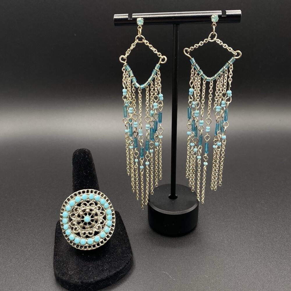 Silver-Tone Boho Beaded Stretch Ring Sz 8 w/ Dangling Beaded Earrings